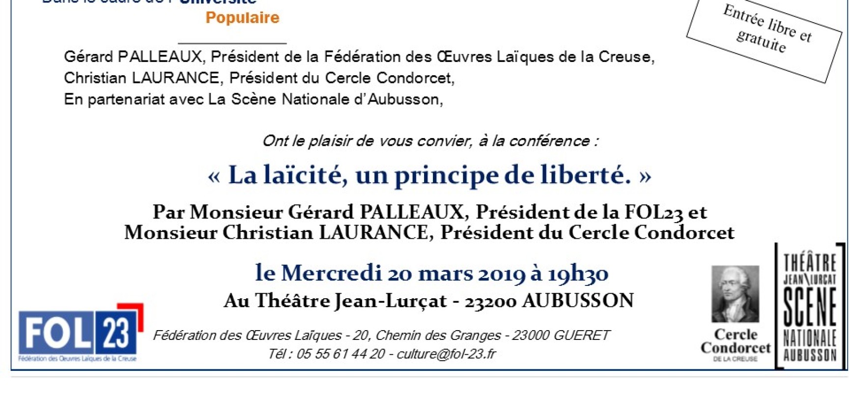 Conférence – « La Laïcité, un principe de liberté » #SNA #Aubusson