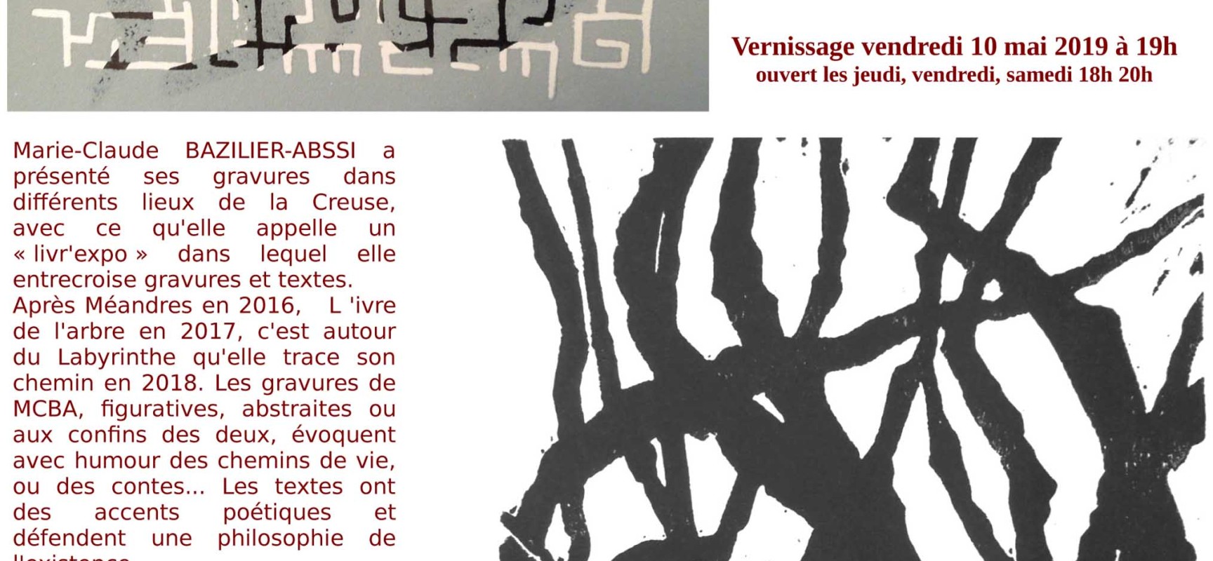 EXPOSITION – Gravures / Marie-Claude BAZILIER-ABSSI #FabuleuxDestin #Aubusson