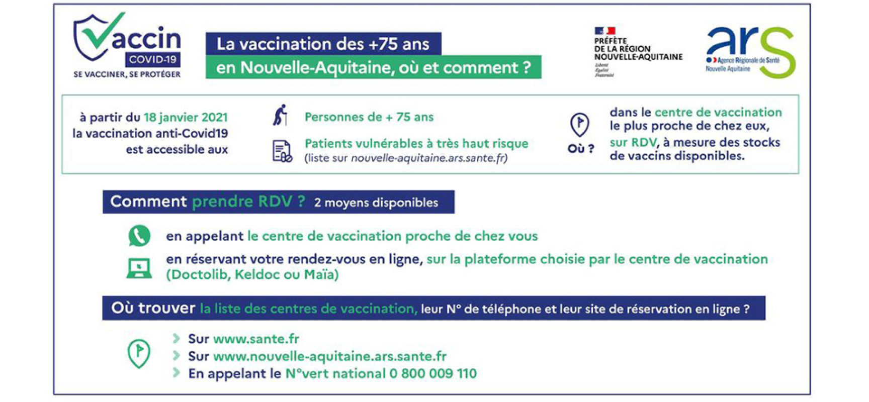 La vaccination anti-Covid19 des personnes de + 75 ans débutera le 18 janvier 2021