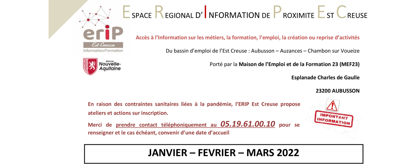 Programme de l’Espace Régional d’Information de proximité Est Creuse – Aubusson –  Janvier, février et mars 2022