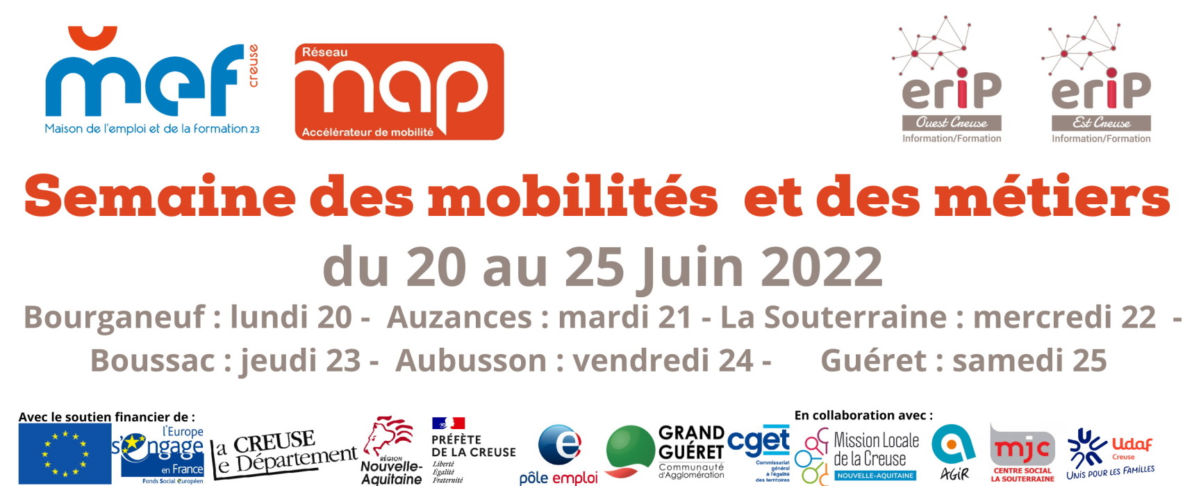 ERIPCreuse, la semaine des mobilités et des métiers revient du 20 au 25 juin 2022 en Creuse