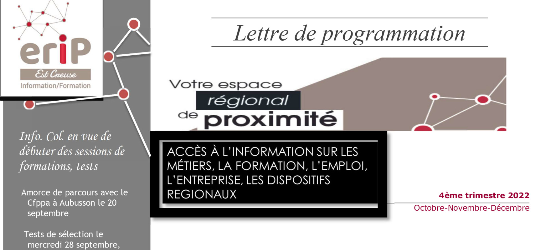 Programme de l’Espace Régional d’Information de proximité Est Creuse – Aubusson – Octobre, novembre et décembre 2022