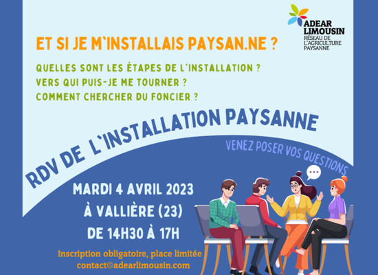 [ADEAR] Prochain rendez-vous de l’installation agricole, mardi 4 avril 2023 de 14h30 à 17h à #Vallière
