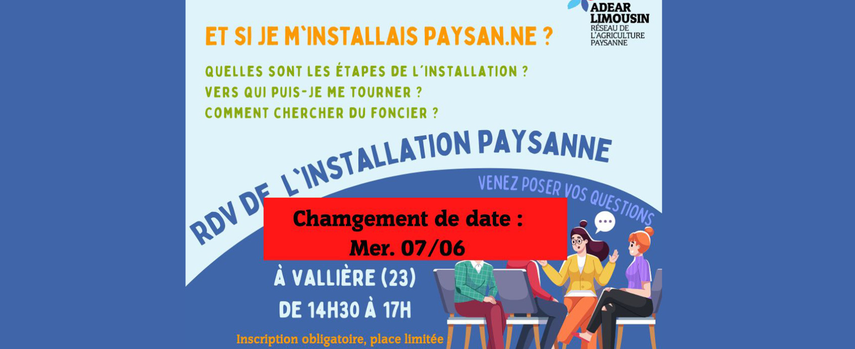 [ADEAR] Prochain rendez-vous de l’installation agricole, mercredi 7 juin 2023 de 14h30 à 17h à #Vallière