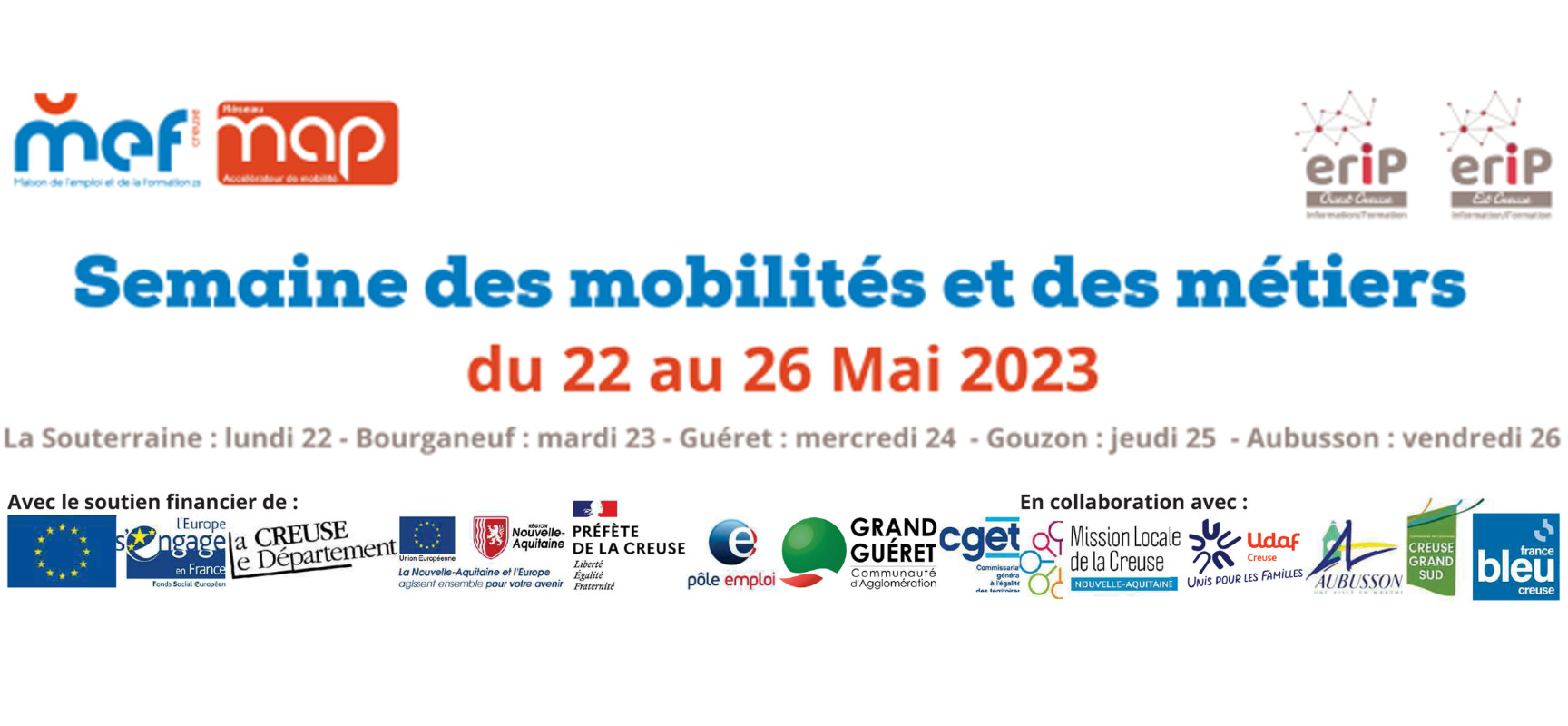 ERIPCreuse, la semaine des mobilités et des métiers revient du 22 au 26 mai 2023 en Creuse