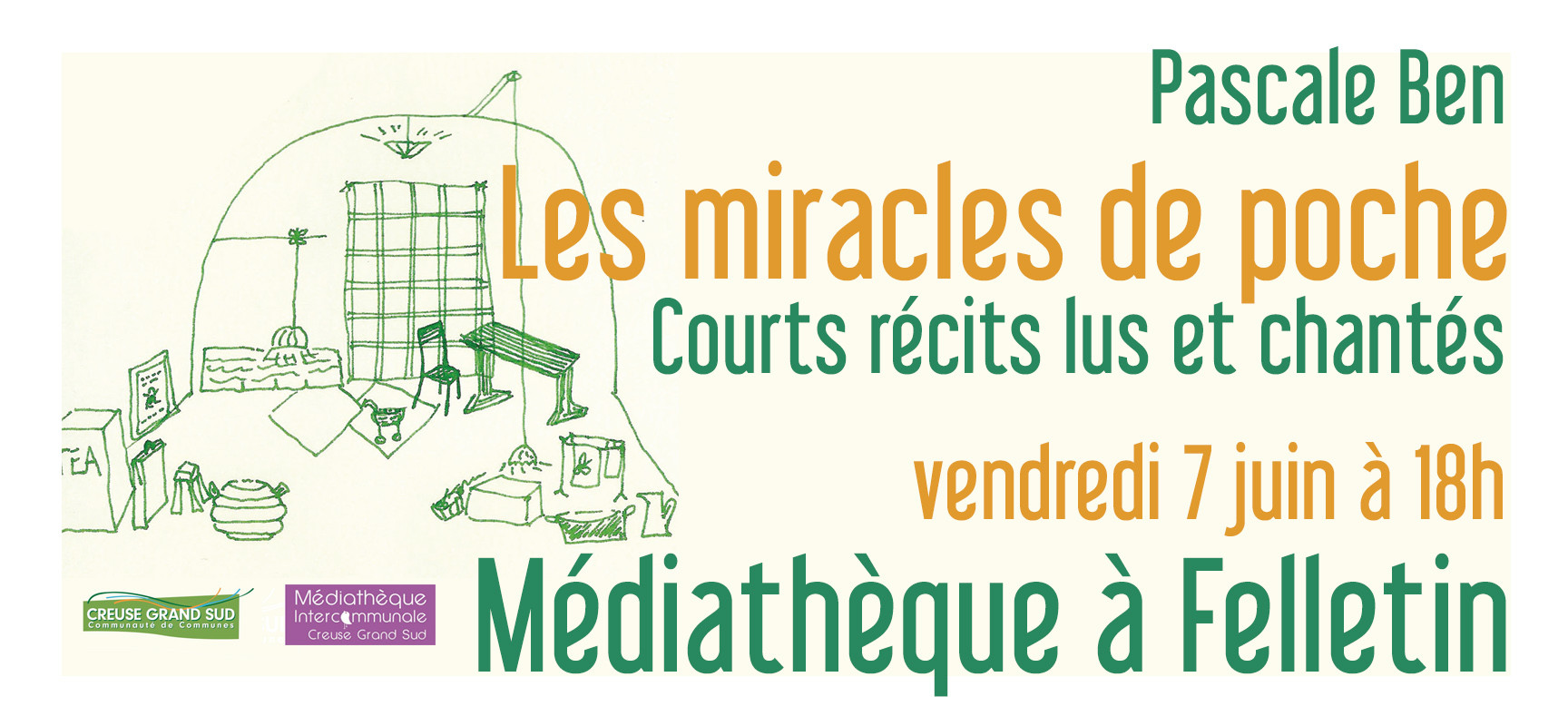 [Médiathèque] « Les miracles de poche » Courts récits lus et chantés par Pascale BEN – Vendredi 7 juin 2024 à 18h – Felletin