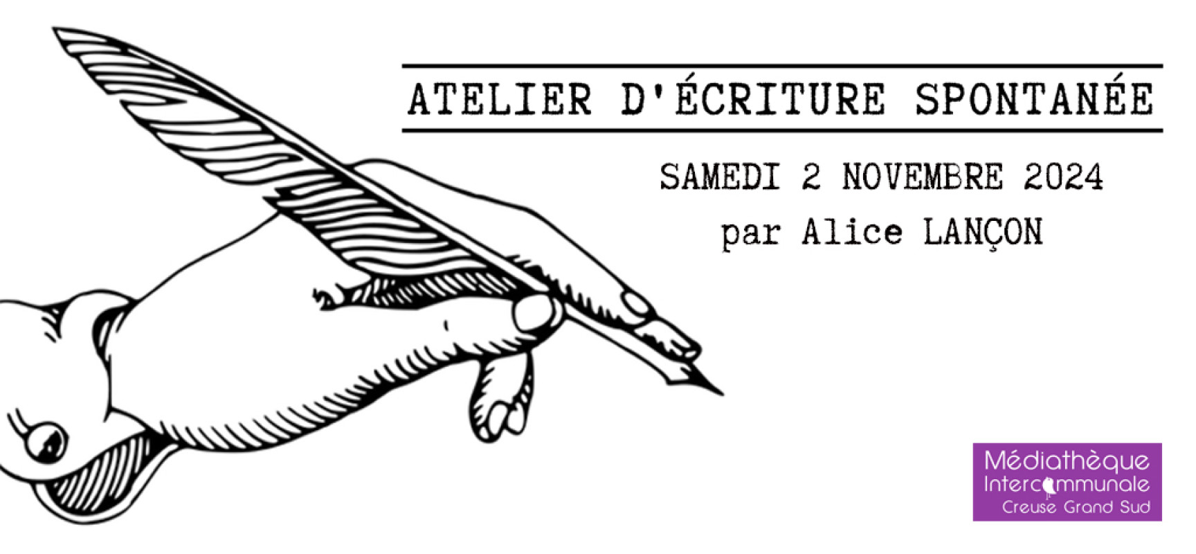 [Médiathèque] Atelier d’écriture spontanée par Alice LANÇON – Samedi 2 novembre 2024 #Felletin