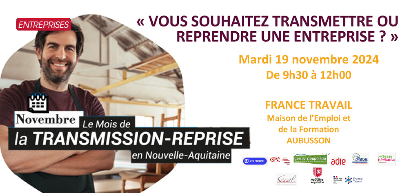 [MoisTransmissionReprise] Atelier-Rencontres « Vous souhaitez transmettre ou reprendre une entreprise ? » -19 novembre 2024 #Aubusson