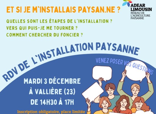 [Installation agricole] Prochain RDV de l’installation paysanne le mardi 3 décembre 2024 #Vallière