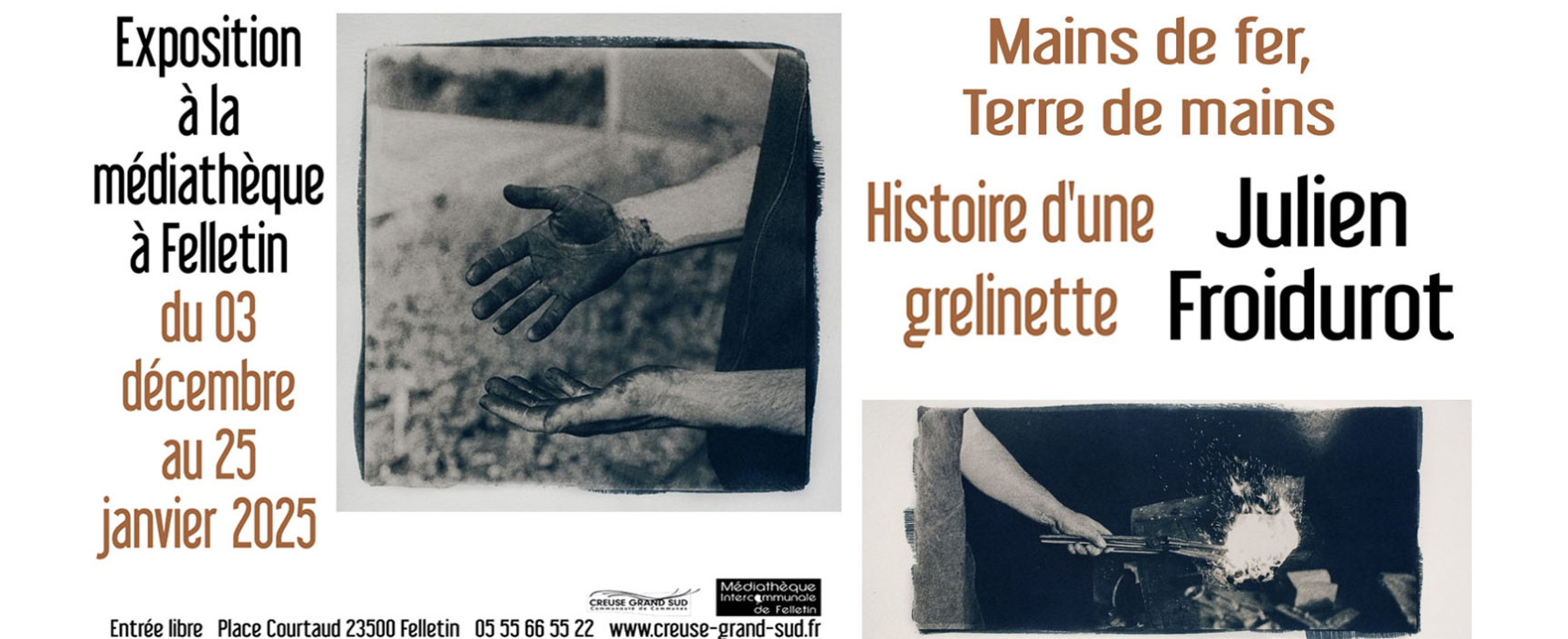 [Médiathèque] Exposition de Julien FROIDUROT – « Main de fer, Terre de mains. Histoire d’une grelinette » – du 3 décembre 2024 au 25 janvier 2025 #Felletin