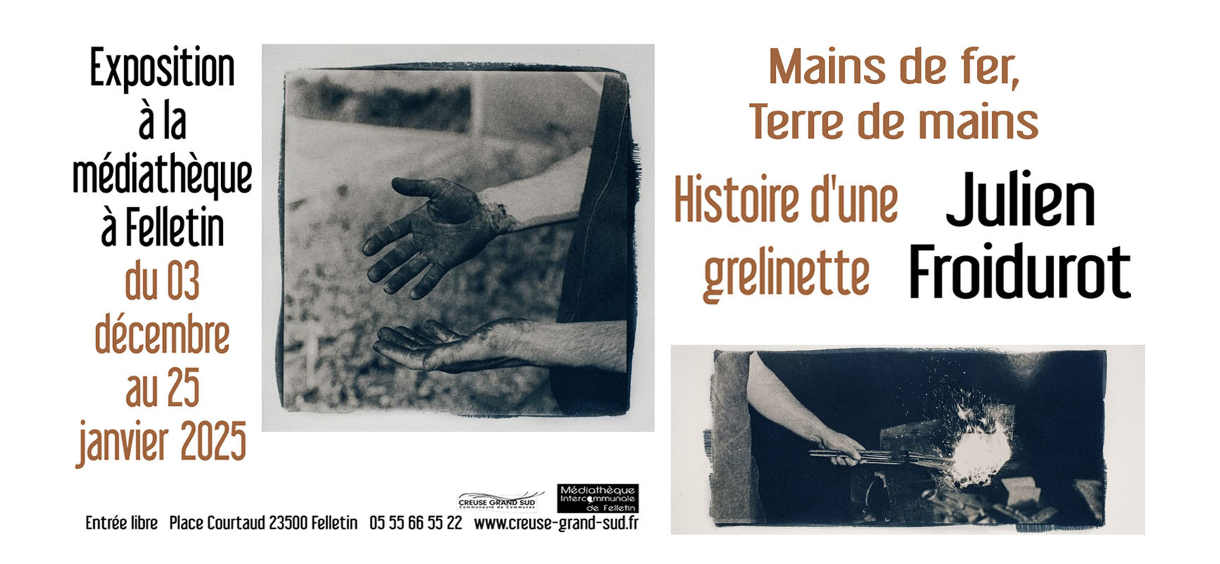 [Médiathèque] Exposition de Julien FROIDUROT – « Main de fer, Terre de mains. Histoire d’une grelinette » – du 3 décembre 2024 au 25 janvier 2025 #Felletin