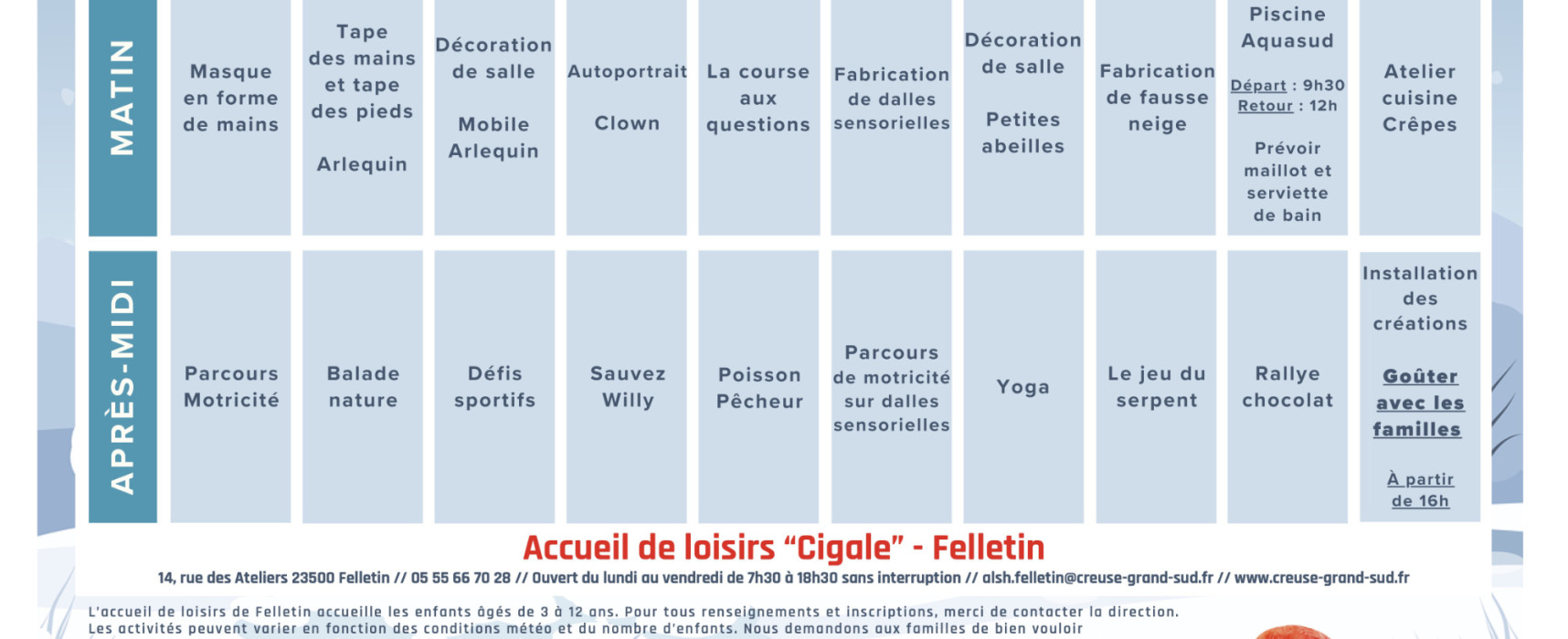 [Centre de Loisirs Felletin – Cigale] Programmes Vacances de Février