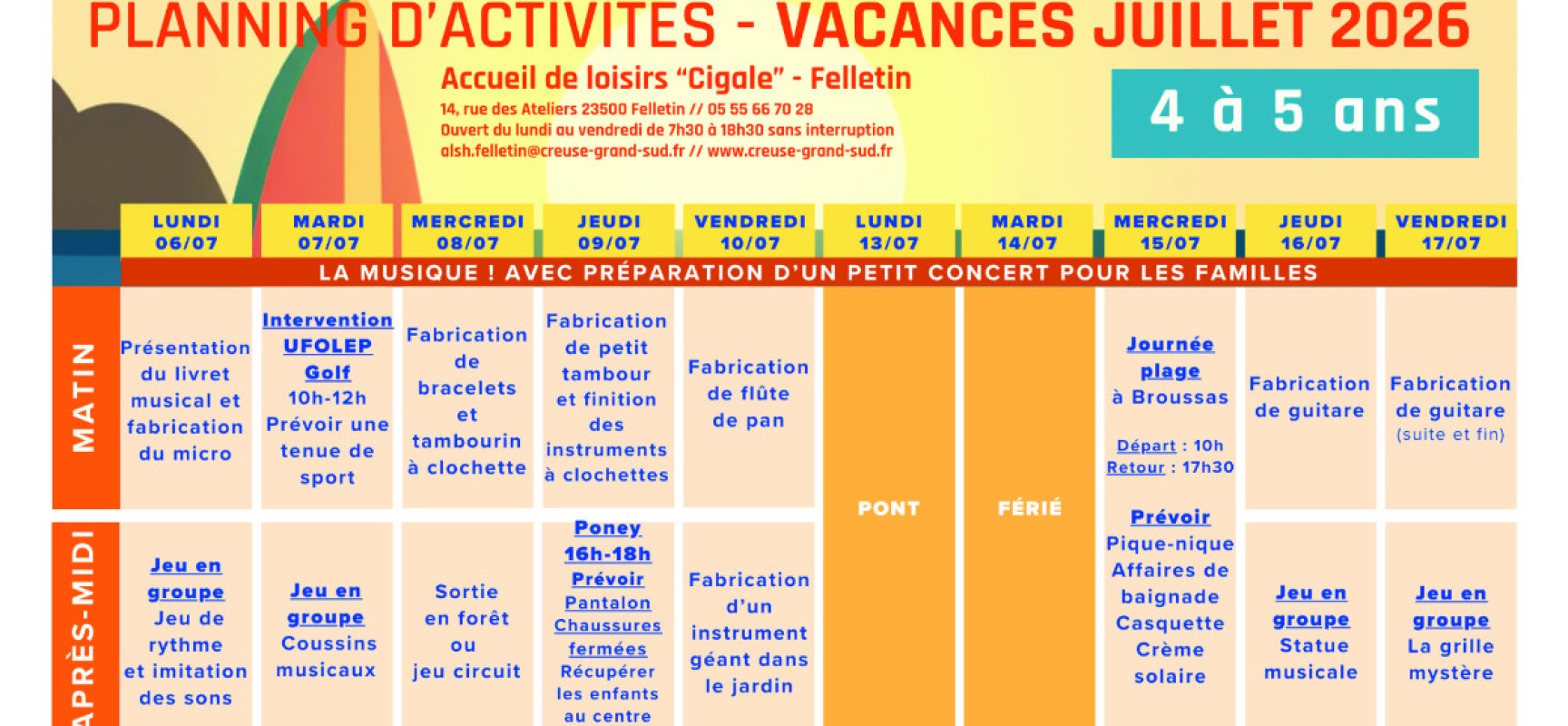 [Enfance-Jeunesse] Programme du centre de loisirs &laquo;&nbsp;La Cigale&nbsp;&raquo; à Felletin