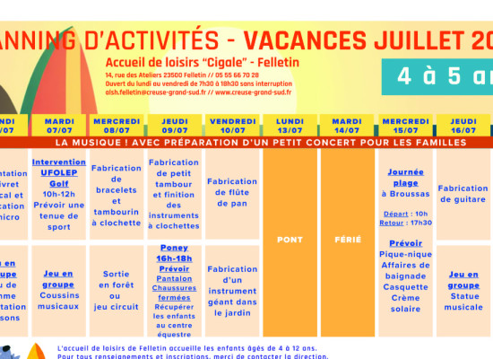 [Enfance-Jeunesse] Programme du centre de loisirs &laquo;&nbsp;La Cigale&nbsp;&raquo; à Felletin
